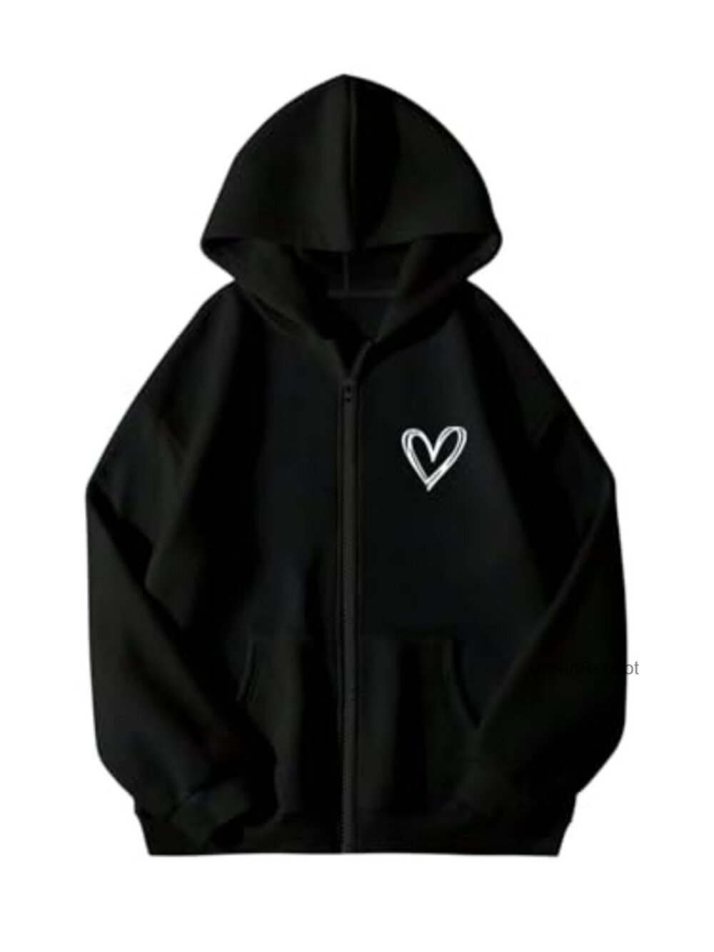 Heart Print Zip Up Hoodie Sweatshirt Loose Fit Long Sleeve w Pockets